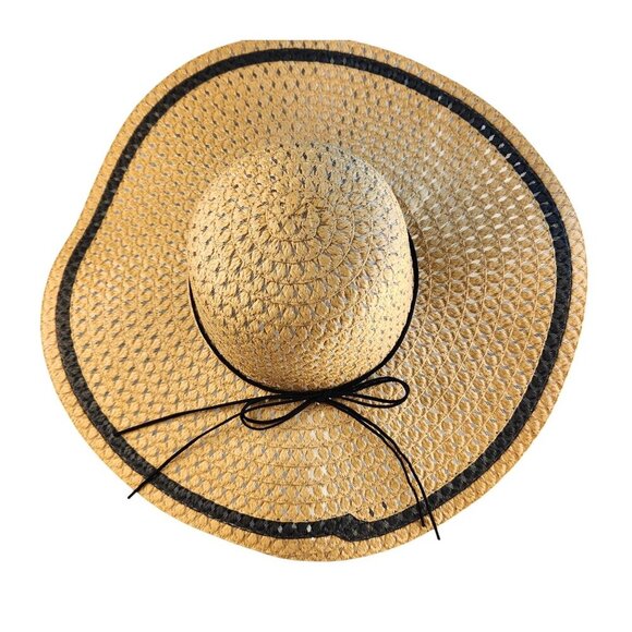 Wide Brim Natural Straw Sun Hat With Black Ribbon Bow Lightweight & Breathable I - Picture 2 of 12